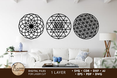 Sacred Geometry Wall Art Laser Cut Files, Mandala, Round Sign SVG, 3D Designs, Mini Design Bundles SVG LaserCutano 