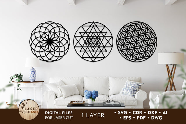 Sacred Geometry Wall Art Laser Cut Files, Mandala, Round Sign SVG, 3D Designs, Mini Design Bundles SVG LaserCutano 