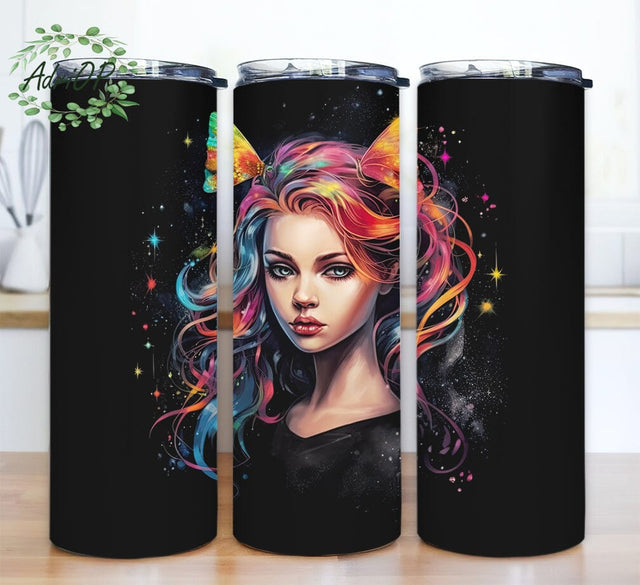 Sagitatrius Girl 20oz Skinny Tumbler Png, Sagitatrius Girl Galaxy Rainbow Colorful In Black Background Tumbler, Black Background Sagitatrius Girl Tumbler, Colorful Beautiful Girl Tumbler Sublimation AdriOP 