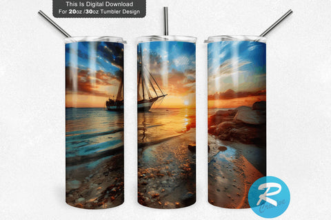 Sailboat in Beach 20 Oz / 30 Oz Tumbler PNG Sublimation Regulrcrative 