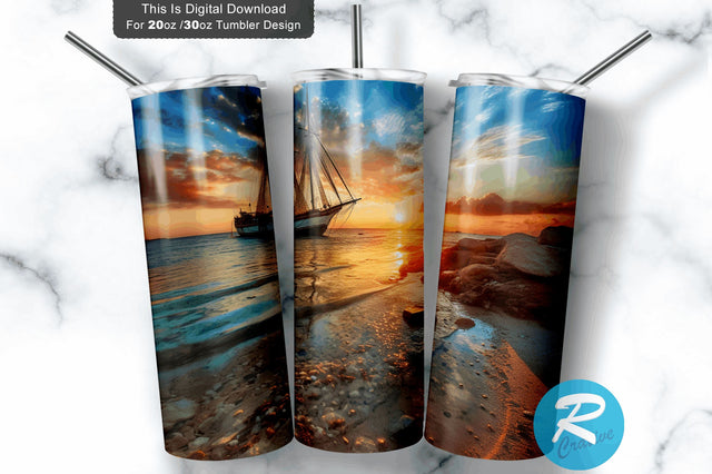 Sailboat in Beach 20 Oz / 30 Oz Tumbler PNG Sublimation Regulrcrative 