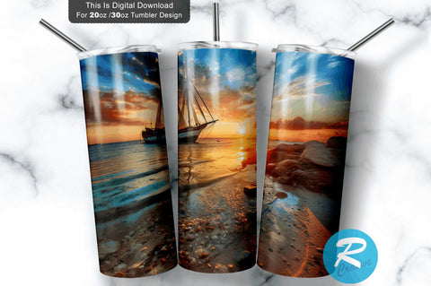 Sailboat in Beach 20 Oz / 30 Oz Tumbler PNG Sublimation Regulrcrative 