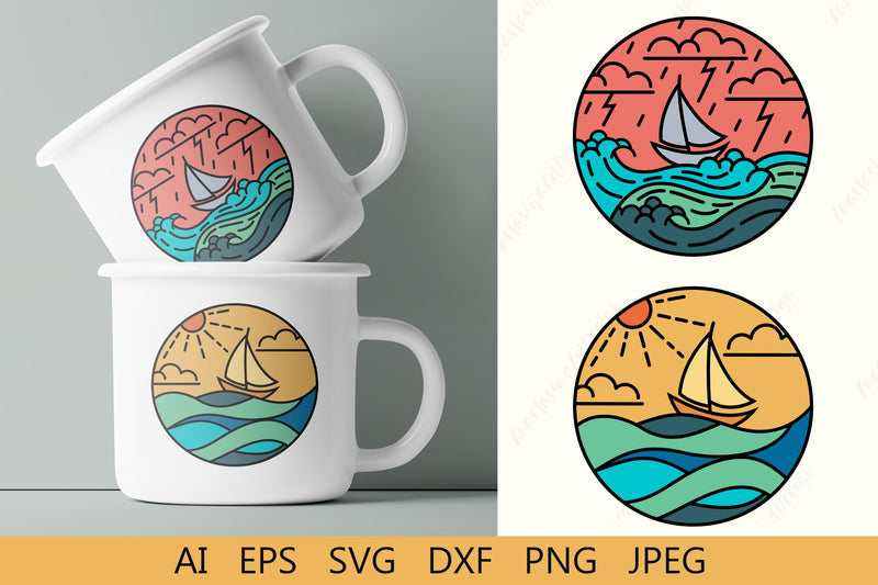 Sailing ship in waves svg shirt design, Ocean monogram svg, Yacht badge svg SVG AnastasiyaArtDesign 