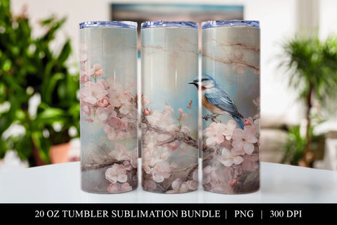 Sakura & Blue Bird 20 oz Skinny Tumbler Sublimation PNG Sublimation BijouBay 