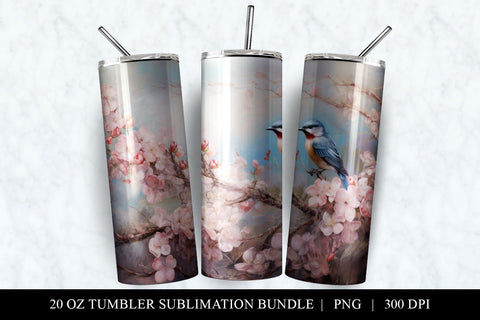 Sakura & Blue Bird 20 oz Skinny Tumbler Sublimation PNG Sublimation BijouBay 