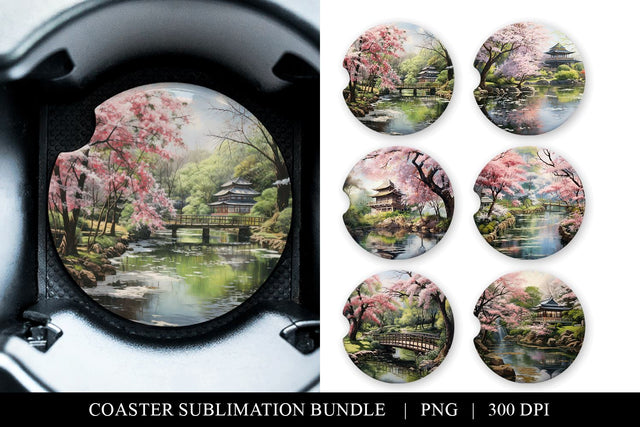 Sakura Car Coaster Bundle, Printable Cherry Blossom Rounds Sublimation BijouBay 