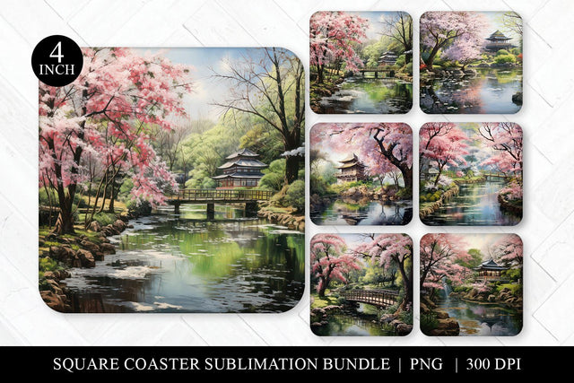 Sakura Square Coaster Bundle, Cherry Blossom Sublimation PNG Sublimation BijouBay 