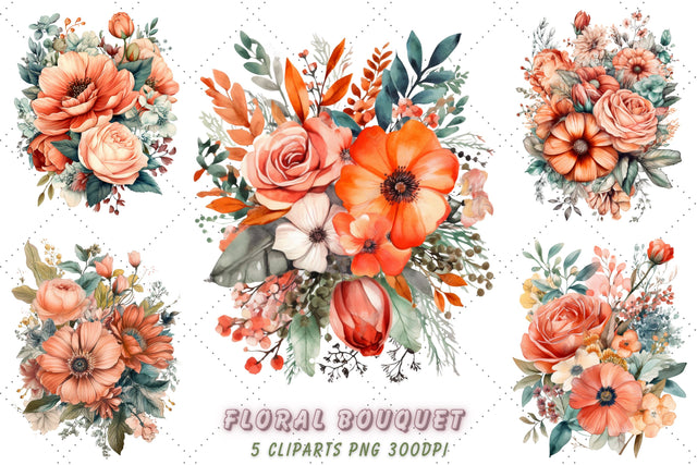 Salmon Flower Bouquet Watercolor Clipart Bundle, Sublimation, Flower Bouquet Sublimation FloridPrintables 