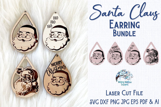 Santa Claus Christmas Earring File for Glowforge or Laser Cutter SVG Wispy Willow Designs 