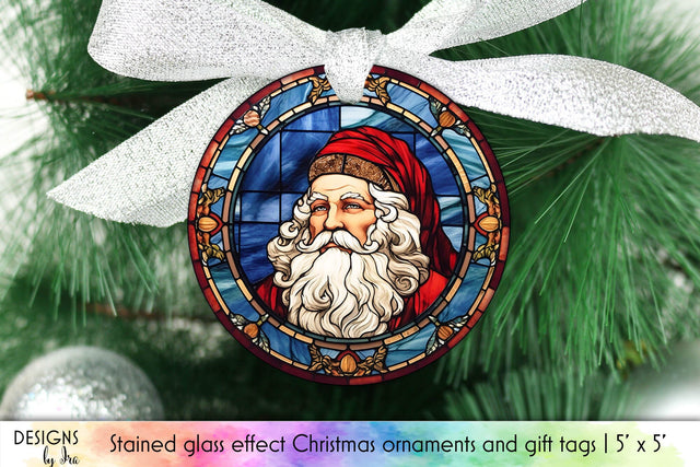 Santa Claus Stained Glass Christmas Ornament Design Sublimation Designs by Ira 