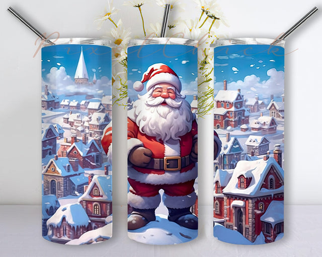 Santa Clause 20oz Skinny Tumbler Png, Santa Clause In The Snow In Front Of A Town Filled With Houses Png, Christmas Santa Tumbler, Vintage Santa Christmas Tumbler Sublimation PixelChick 