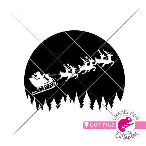 Santa reindeer sleigh in front of moon Christmas svg png dxf SVG Chameleon Cuttables 