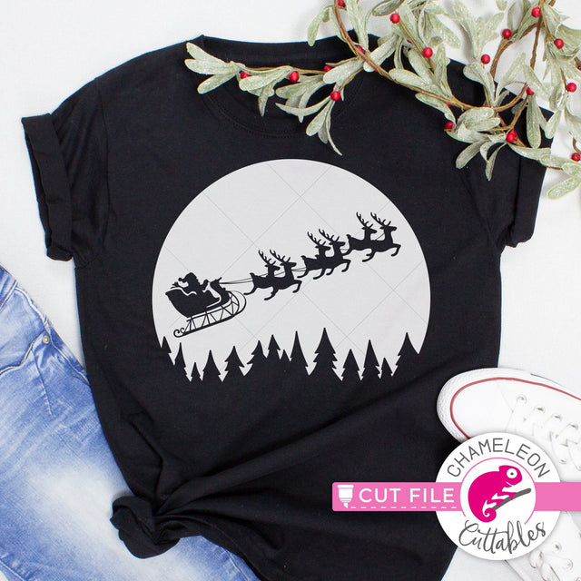 Santa reindeer sleigh in front of moon Christmas svg png dxf SVG Chameleon Cuttables 