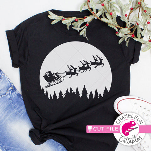 Santa reindeer sleigh in front of moon Christmas svg png dxf SVG Chameleon Cuttables 