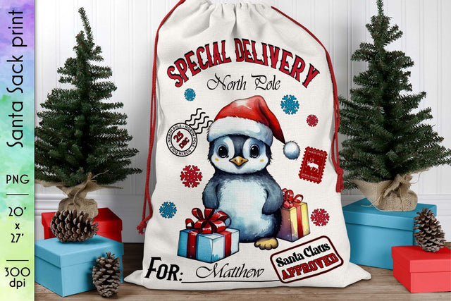 Santa Sack Design with Baby Penguin in Santa Hat Sublimation Designs by Ira 