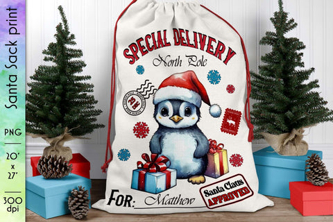 Santa Sack Design with Baby Penguin in Santa Hat Sublimation Designs by Ira 