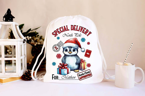 Santa Sack Design with Baby Penguin in Santa Hat Sublimation Designs by Ira 