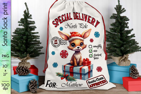 Santa Sack Special Delivery Bag Print with Little Fox Sublimation Designs by Ira 