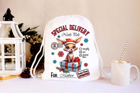 Santa Sack Special Delivery Bag Print with Little Fox Sublimation Designs by Ira 