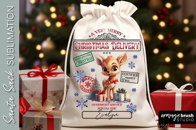 Santa Sack Sublimation Design, Baby Deer Christmas Gift Bag Sublimation OrangeBrushStudio 