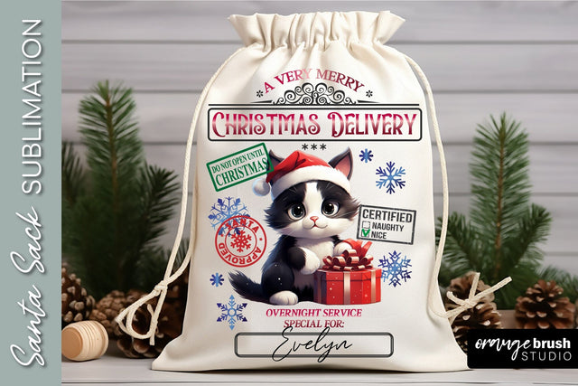 Santa Sack Sublimation Design, Cat Christmas Gift Bag Sublimation OrangeBrushStudio 