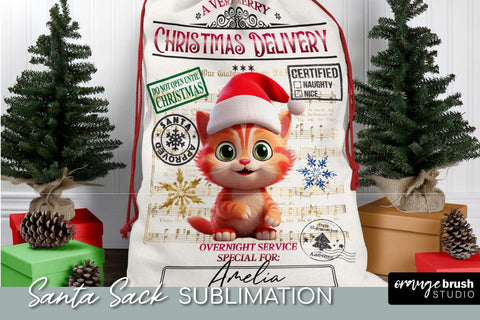 Santa Sack Sublimation Design, Christmas Gift Bag Cute Cat SVG OrangeBrushStudio 