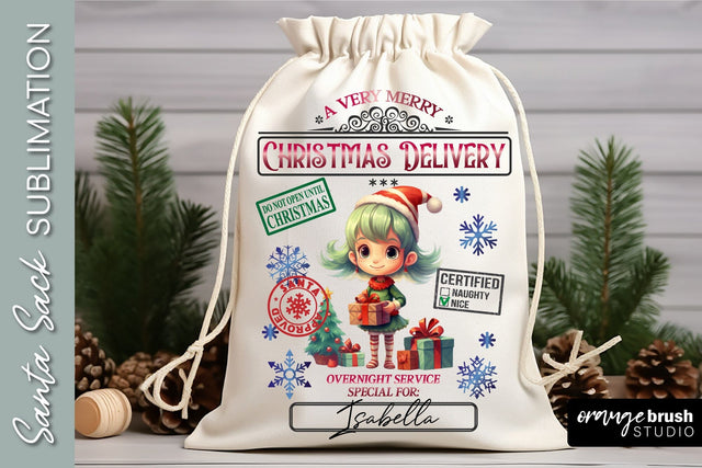 Santa Sack Sublimation Design, Christmas Gift Bag Elf Girl Sublimation OrangeBrushStudio 