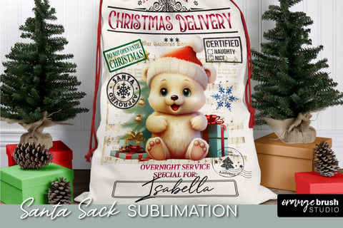 Santa Sack Sublimation Design, Christmas Gift Bag Teddy Bear Sublimation OrangeBrushStudio 