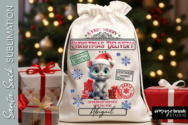 Santa Sack Sublimation Design, Christmas Gift Bag With Cat Sublimation OrangeBrushStudio 