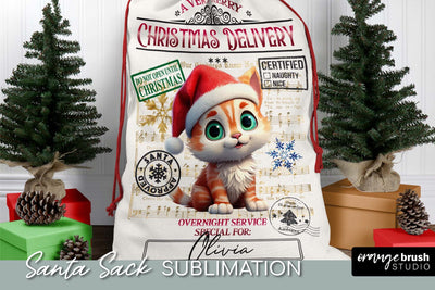 Santa Sack Sublimation Design, Christmas Gift Bag with Cat Sublimation OrangeBrushStudio 