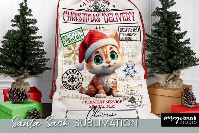 Santa Sack Sublimation Design, Christmas Gift Bag with Cat Sublimation OrangeBrushStudio 