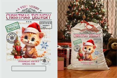 Santa Sack Sublimation Design, Christmas Gift Bag with Cat Sublimation OrangeBrushStudio 