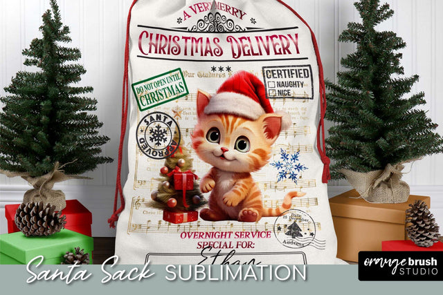 Santa Sack Sublimation Design, Christmas Gift Bag with Cat Sublimation OrangeBrushStudio 