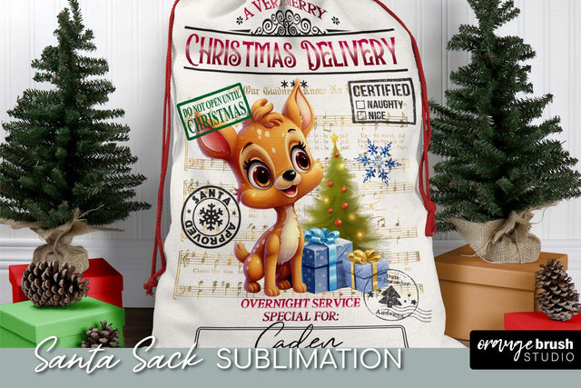 Santa Sack Sublimation Design, Christmas Gift Bag with Deer Sublimation OrangeBrushStudio 