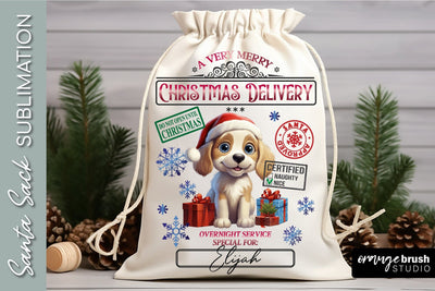 Santa Sack Sublimation Design, Christmas Gift Bag With Dog Sublimation OrangeBrushStudio 
