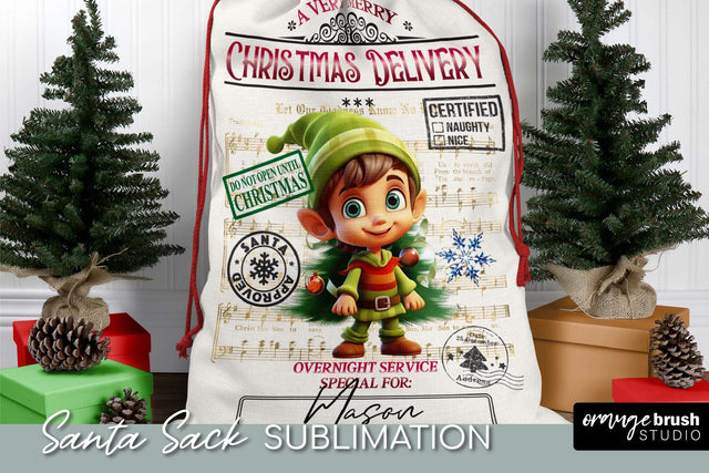 Santa Sack Sublimation Design, Christmas Gift Bag with Elf Sublimation OrangeBrushStudio 