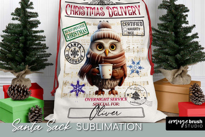 Santa Sack Sublimation Design, Christmas Gift Bag with Owl Sublimation OrangeBrushStudio 
