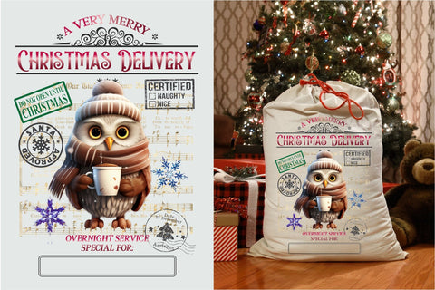 Santa Sack Sublimation Design, Christmas Gift Bag with Owl Sublimation OrangeBrushStudio 