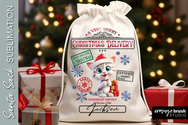 Santa Sack Sublimation Design, Cute Cat Christmas Gift Bag Sublimation OrangeBrushStudio 