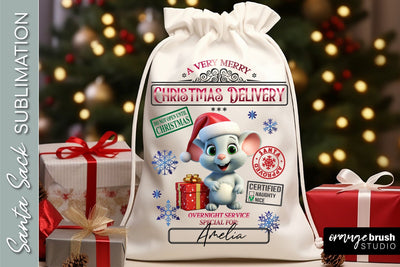 Santa Sack Sublimation Design, Cute Mouse Christmas Gift Bag Sublimation OrangeBrushStudio 
