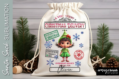 Santa Sack Sublimation Design, Girl Elf Christmas Gift Bag Sublimation OrangeBrushStudio 