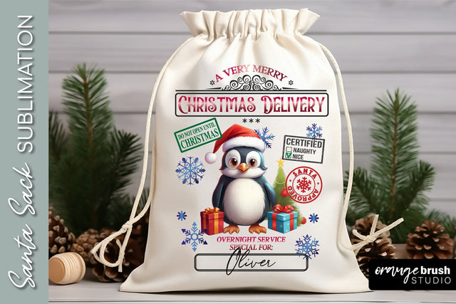 Santa Sack Sublimation Design, Penguin Christmas Gift Bag Sublimation OrangeBrushStudio 