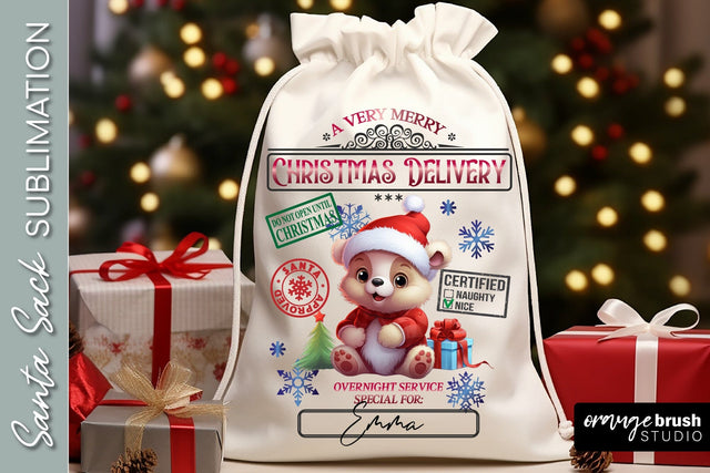Santa Sack Sublimation Design, Teddy Bear Christmas Gift Bag Sublimation OrangeBrushStudio 