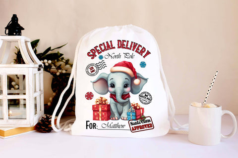 Santa Sack Sublimation with Baby Elephant in Santa Hat Sublimation Designs by Ira 