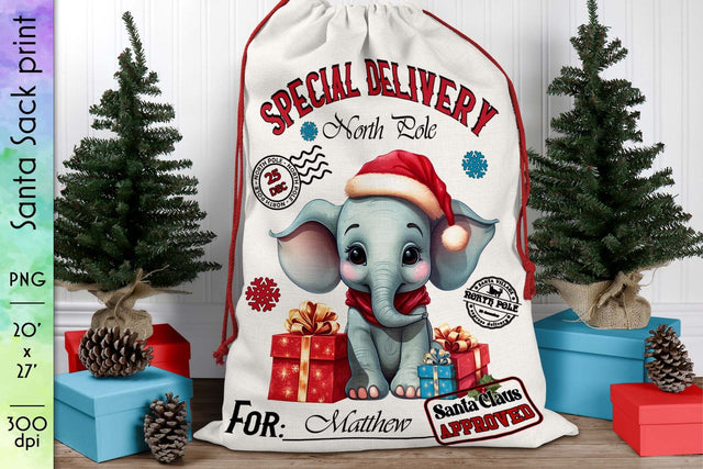 Santa Sack Sublimation with Baby Elephant in Santa Hat Sublimation Designs by Ira 