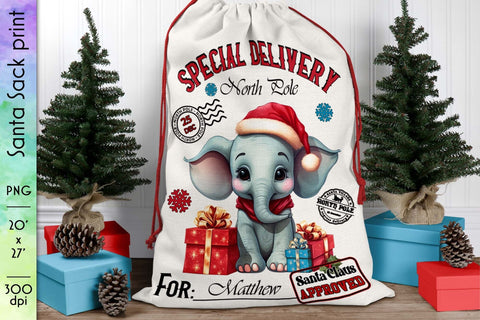 Santa Sack Sublimation with Baby Elephant in Santa Hat Sublimation Designs by Ira 