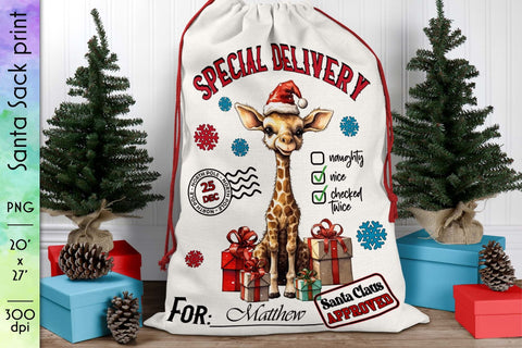 Santa Sack Sublimation with Baby Giraffe in Santa Hat Sublimation Designs by Ira 