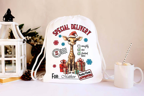 Santa Sack Sublimation with Baby Giraffe in Santa Hat Sublimation Designs by Ira 