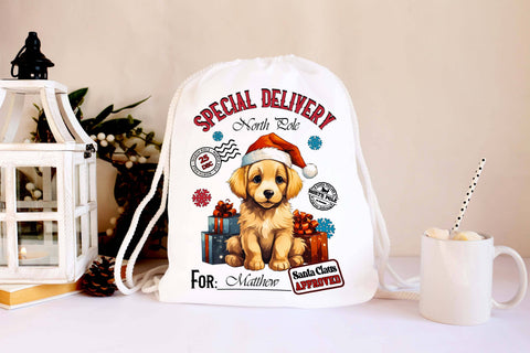 Santa Sack with Cute Puppy in Santa Hat PNG Sublimation Designs by Ira 