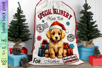Santa Sack with Cute Puppy in Santa Hat PNG Sublimation Designs by Ira 